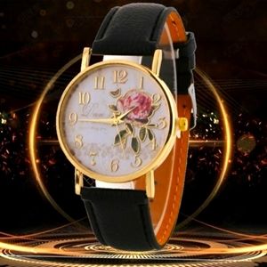 Rose Face Analog Leather Watch Black